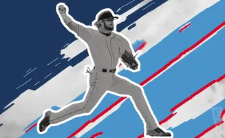 A black and white graphic of a baseball pitcher in mid-throw, with a blue, white, and red abstract background.