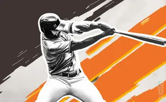 A baseball player in mid-swing against a dynamic, abstract background of black and orange stripes.