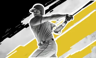 A baseball player swings a bat against a black and yellow graphic background.