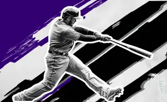 A baseball player swings at a pitch against a bold purple and black background.