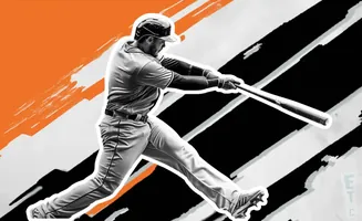 A baseball player swings a bat, silhouetted against an abstract background of orange and black brush strokes.