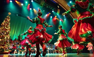 Dancers in festive red and green Christmas costumes perform on a stage with a decorated tree and audience.