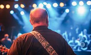 Guitarist on stage with audience and stage lights in the background.