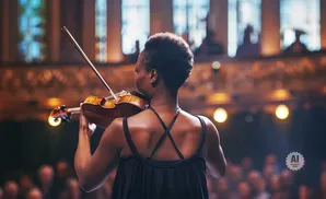 A woman plays the violin on stage, with a blurred audience in the background.