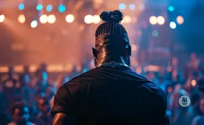 A man with braided hair pulled into a bun, wearing a black shirt and a large silver chain, faces away from the camera at a concert.