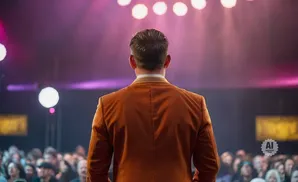 Man in a brown suit facing an audience under stage lights.