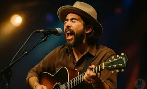 A man in a hat sings into a microphone while playing an acoustic guitar.