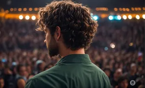 Man with curly hair in a green shirt facing a large, blurred crowd with stage lights in the background.