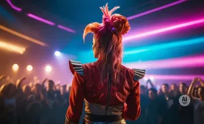 A performer with bright pink hair stands on stage, facing a cheering crowd under colorful lights.