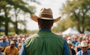 Back of a man in a cowboy hat and green vest speaking to a crowd outdoors.