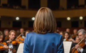 A conductor in a blue jacket faces an orchestra, with musicians playing violins in the background.