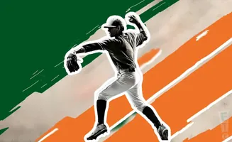 A baseball pitcher in mid-throw against a background of green, white, and orange stripes.