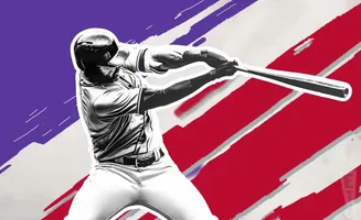 A baseball player swings a bat against a backdrop of red, white, and purple stripes.