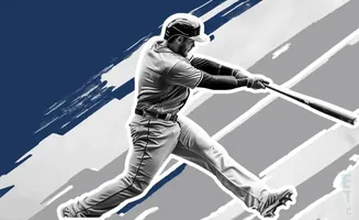 A baseball player swings a bat against a stylized blue and gray background.