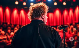 A man with curly hair stands on stage with a microphone in front of a red curtain and blurred audience.