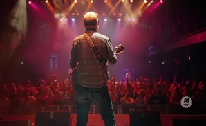 A guitarist performs for a cheering crowd under pink and purple stage lights.