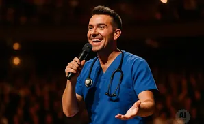 A man in blue scrubs and a stethoscope smiles and speaks into a microphone.