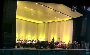 An orchestra performs on a brightly lit stage with a conductor directing.