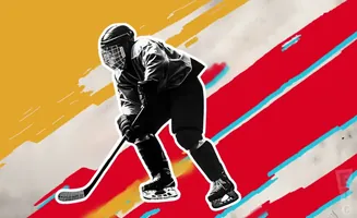 A hockey player in silhouette, bent low with a stick, against a backdrop of bold yellow and red abstract lines.
