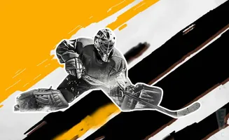 Hockey goalie in full gear dives to make a save with a stylized graphic background.