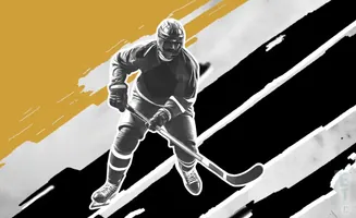 A hockey player in uniform skates with a stick against a black, white, and yellow abstract background.