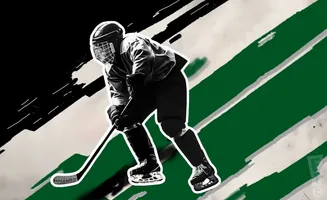 A hockey player in silhouette, bent low with a stick, against a black and green striped background.