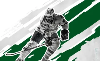 A black and white image of a hockey player in action, with green and white graphic elements.