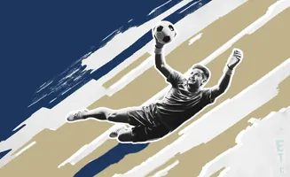 A soccer goalie dives through the air, catching a ball, with a stylized blue, tan, and white background.