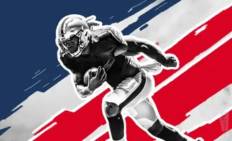 An American football player in black and white runs with a ball, set against a red, white, and blue striped background.