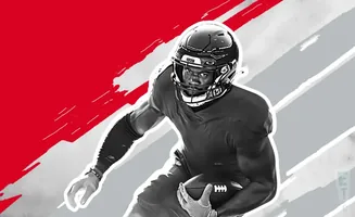 A black and white illustration of a football player in uniform holding a football.