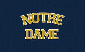 Notre Dame text with yellow, distressed letters on a navy blue, textured background.