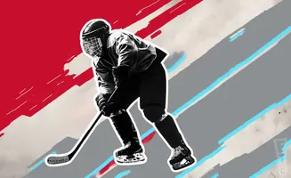 Black and white illustration of a hockey player in full gear on a red, gray, and white background with blue accents.