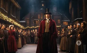 A man in a top hat and red coat stands in a festive street scene with a crowd.