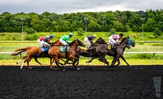 A horse race with multiple jockeys and horses running on a dirt track with a treeline in the background.