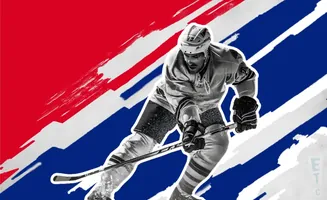 Black and white hockey player in motion against a red, white, and blue abstract background.
