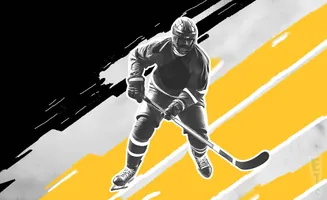 A black and white illustration of a hockey player in action, with yellow and white abstract brush strokes in the background.