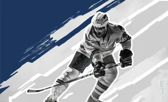 A hockey player in motion, with abstract blue and gray brushstrokes in the background.