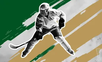A hockey player in a white uniform skates with a stick against a background with green and gold diagonal stripes.