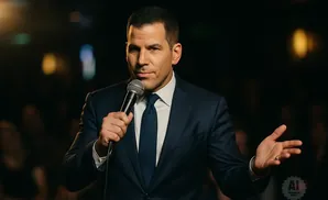 A man in a suit holds a microphone and gestures with his other hand, speaking to an audience.