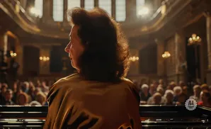 Woman in a golden cape plays piano in a concert hall with an audience.