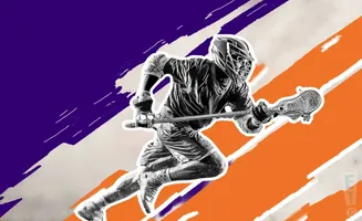 A lacrosse player in motion with a stick, against a background of purple and orange stripes.