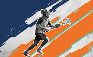 A Black and white lacrosse player runs with a stick against an orange and blue background.