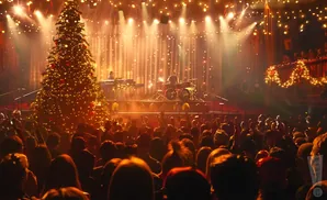 A crowded concert hall with a large, lit Christmas tree on stage and a band performing.