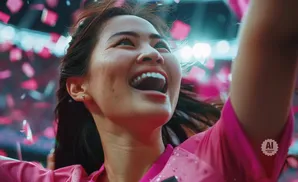 A woman in a pink shirt laughs with her mouth open as pink confetti falls around her.