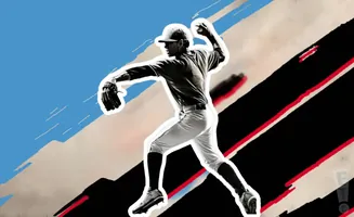 A baseball pitcher in mid-throw against a stylized, colorful background.