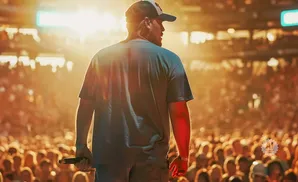 Performer on stage holding a microphone, facing a large audience at a concert.
