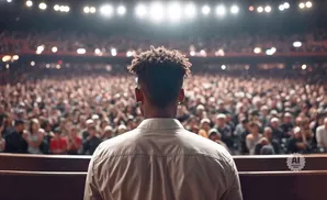 Man in light shirt faces a packed audience in a theater, bathed in bright stage lights.