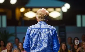 Man in a blue Hawaiian shirt facing away from the camera, addressing an audience.