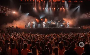 A band performs on a smoke-filled stage at a concert with a large crowd in the foreground.