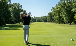Golfer mid-swing on a lush golf course, facing a fairway lined with trees.